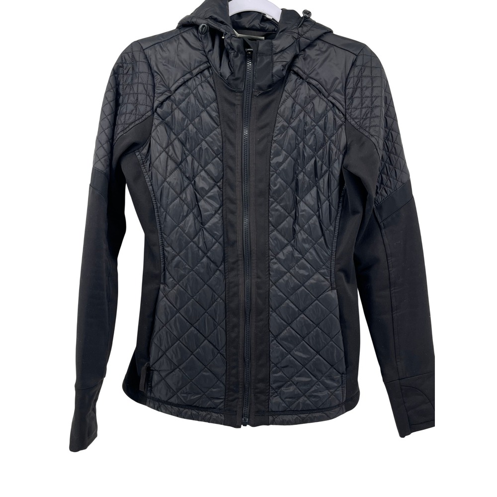 Athleta Womens Black Quilted Hybrid Hooded Jacket‎ Full Zip Thumbholes Size S